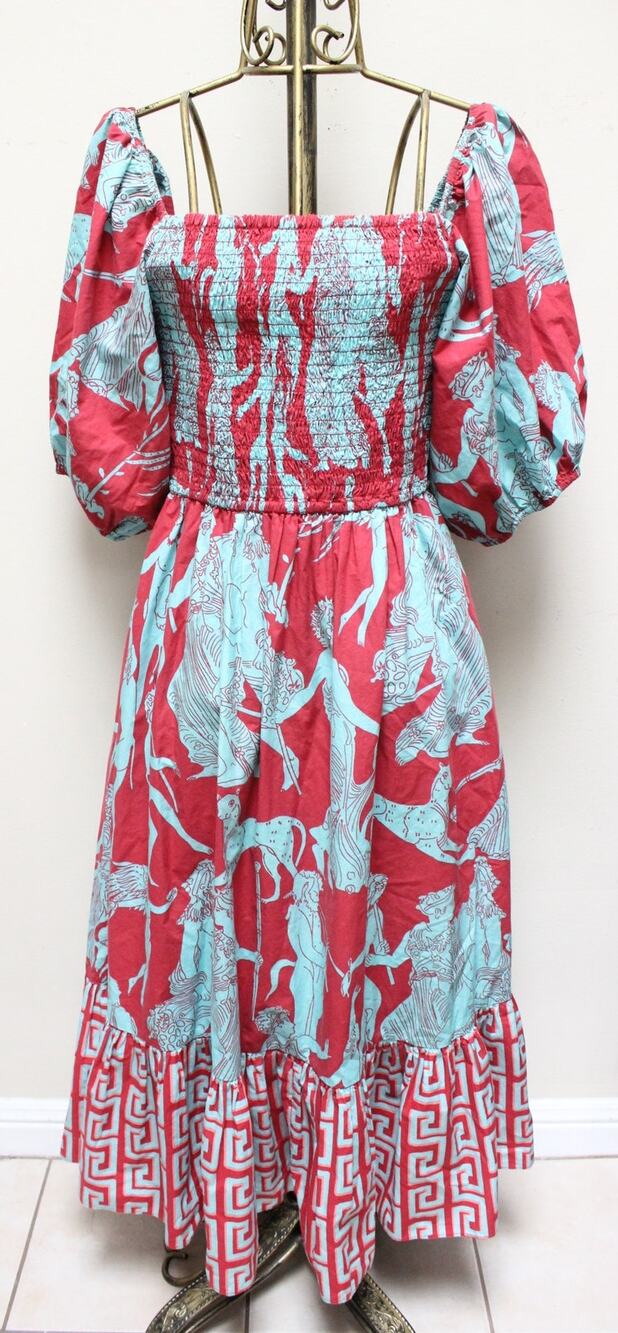 Rhode Eloise Ancient Greek Tile Midi Puff Sleeve Dress Size Large
